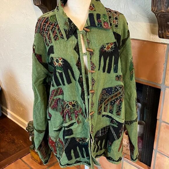 Indian Tropical Fashion elephant patchwork green cotton  jacket,  L/XL! - Picture 1 of 12